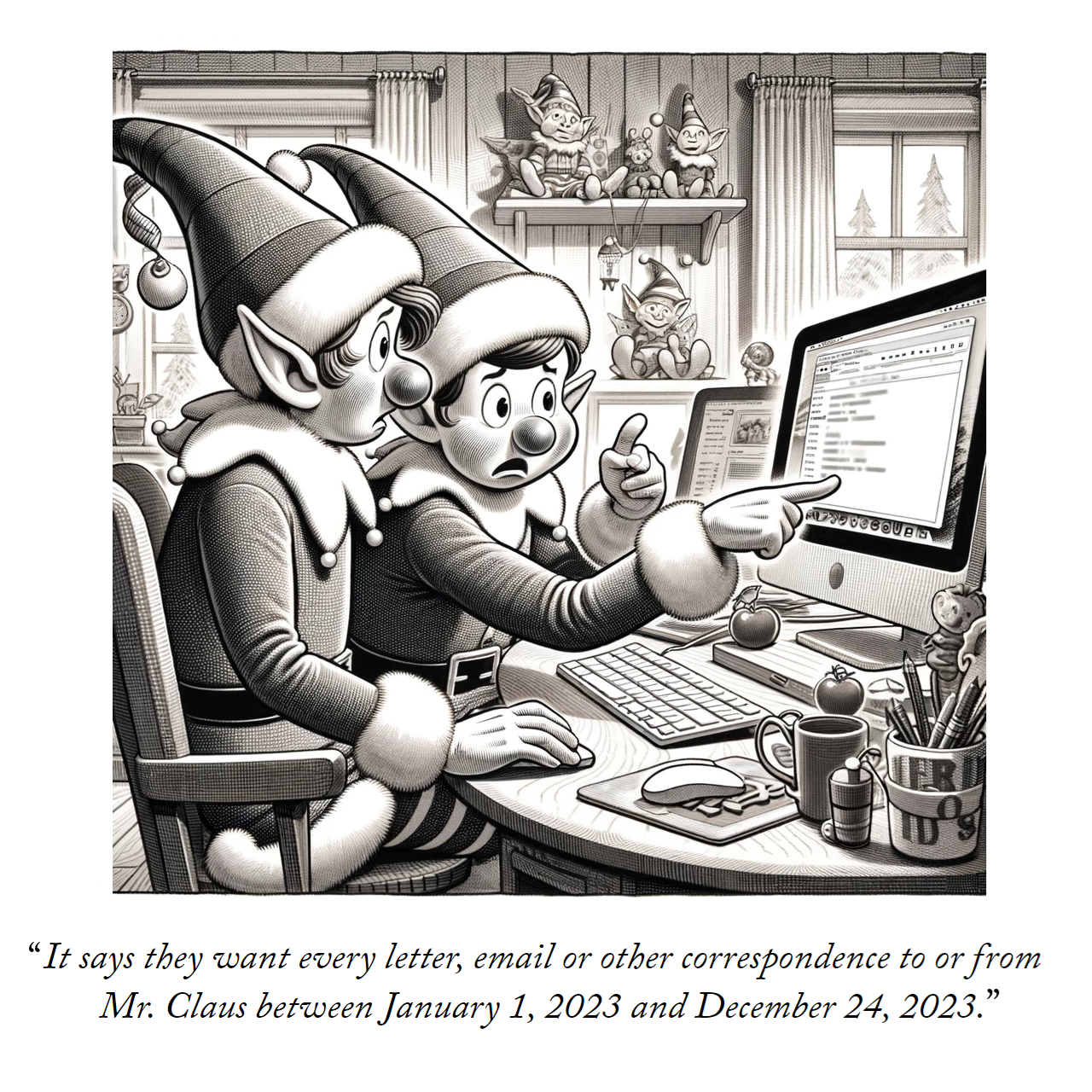 A cartoon of two of Santa's elves sitting at a computer discussing an email they just received. The quote underneath the cartoon reads: "It says they want every letter, email or other correspondence to or from Mr. Claus between January 1, 2023 and December 24, 2023."
(Image generated using DALL-E)