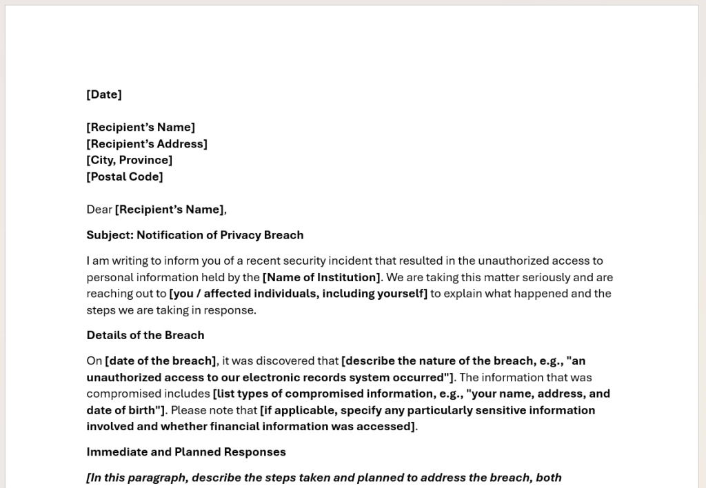 Privacy Breach Letter Template for Public&nbsp;Institutions