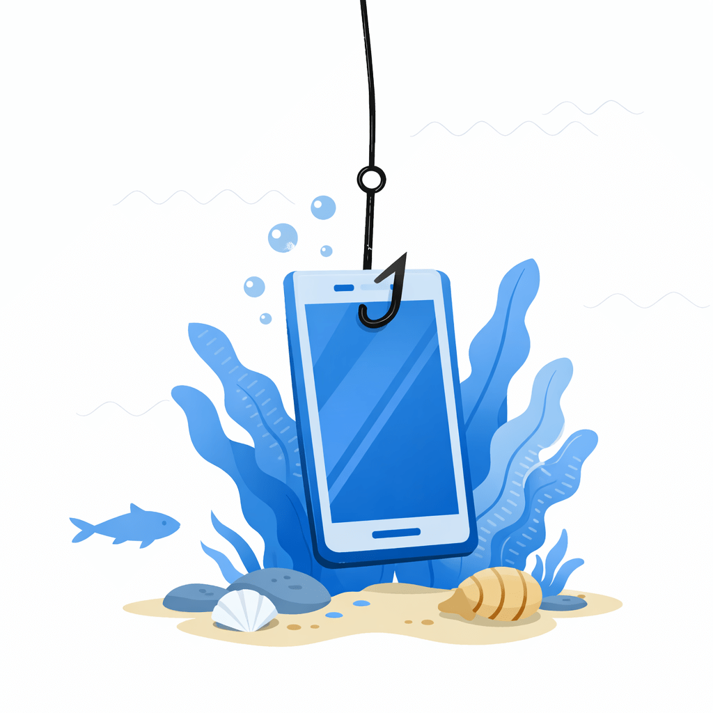 A mobile phone dangling from a fishhook under water with shells and fish around.