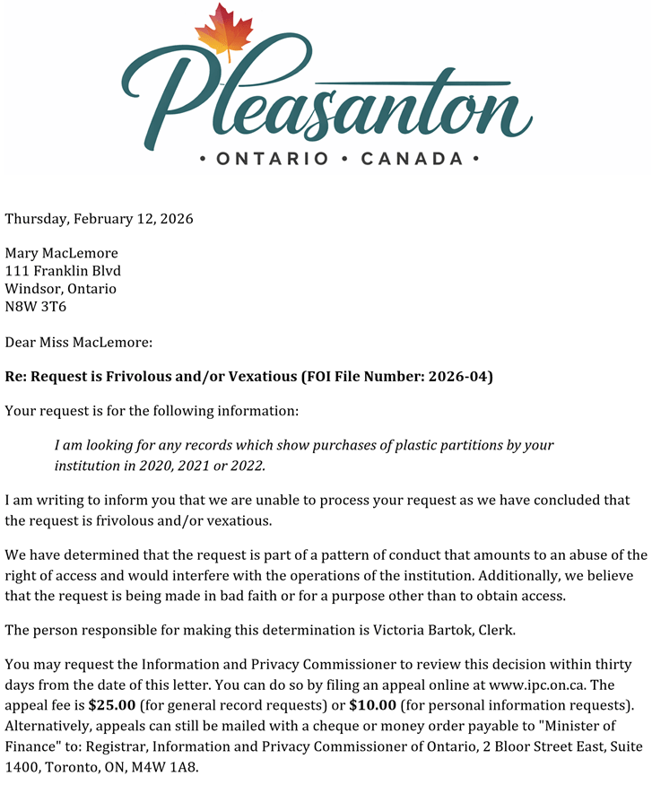 Excerpt of a letter responding to a frivolous or vexatious request generated using the FOI Assist software.