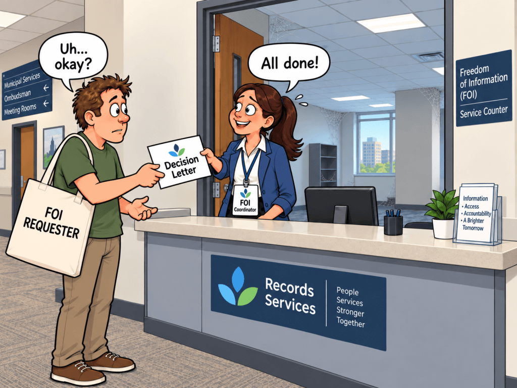 A man holding a bag labeled 'FOI REQUESTER' looks surprised while interacting with a woman at a service counter marked 'Records Services'. The woman, an FOI Coordinator, hands him a 'Decision Letter' with a smile. The background shows a modern office environment.
