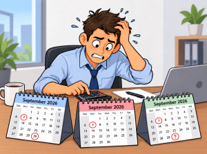 A stressed office worker uses a calculator with 3 calendars in the foreground